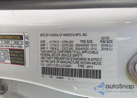 2020 Acura Rdx A-Spec Package z USA, uszkodzony, nr VIN 5J8TC1H61LL014240